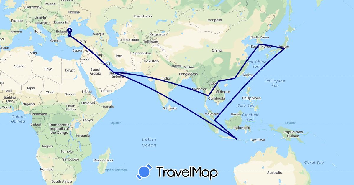 TravelMap itinerary: driving in China, Indonesia, Japan, South Korea, Qatar, Singapore, Thailand, Turkey, Vietnam (Asia)